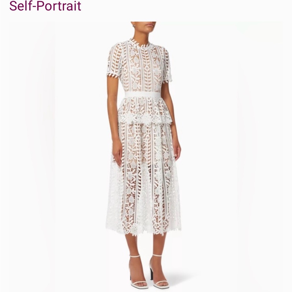 NWT: SELF-PORTRAIT White Guipure Lace Midi Dress - US 6